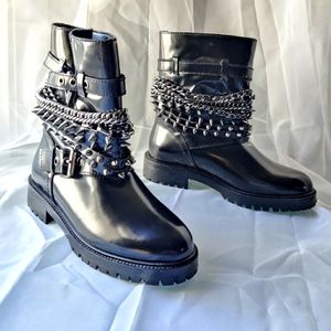 Biker Studded Vegan Patent Leather Boots
